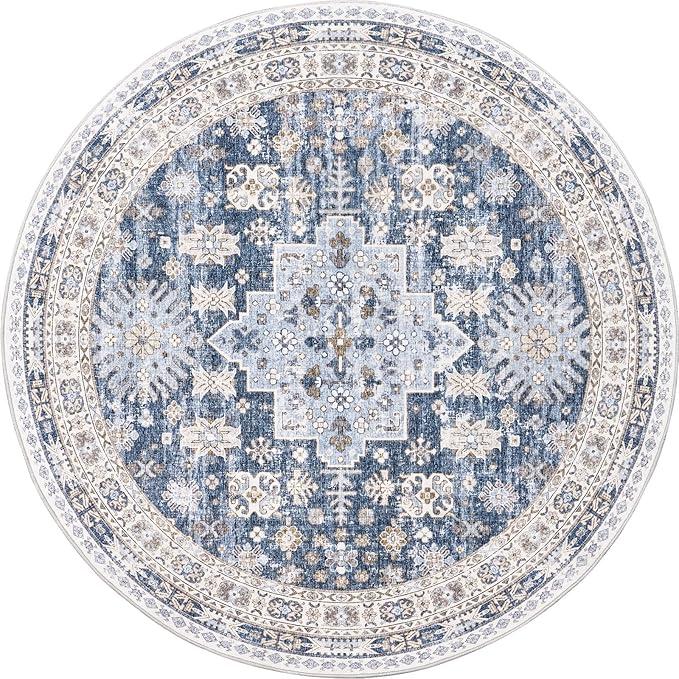 Vintage Round Rug Boho Round Rugs for Living Room Non-Slip Washable Ultra-Thin Large Circle Rugs Soft Low Pile Rug for Bedroom Kitchen