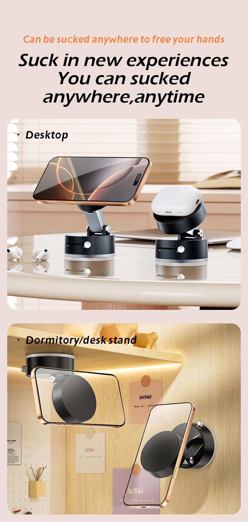 Multi-functional vacuum strong magnetic cell phone holder, 360 ° rotation, suitable for all kinds of cell phones, with magnetic holder, foldable, convenient for multi-scene application