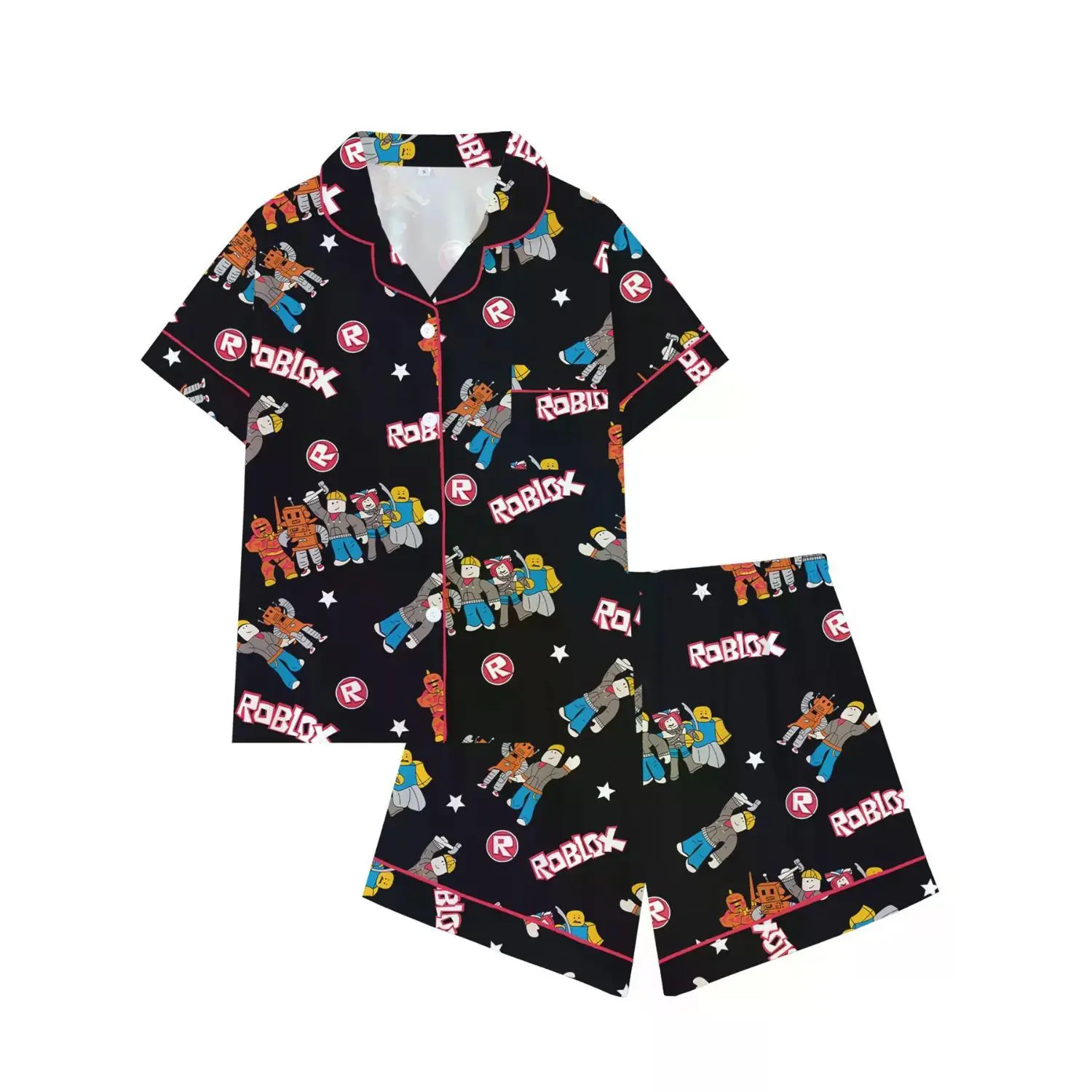 Teen Boys' Roblox Short Sleeve Pajama Set with Turn-Down Collar, Comfortable Game-Themed Sleepwear, Fun Cartoon Print, All Seasons Wear