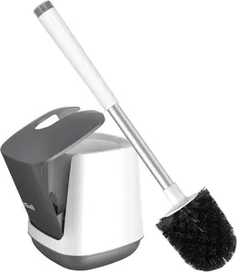 Toilet Brush and Holder, Self Closing Lid Toilet Bowl Brushes Holder and Extra Long Handle Ventilated Toilet Brush Set for Bathroom Cleaning, Nylon Bristles, White & Grey