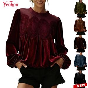 Yeokou Women's Long Sleeve Velvet Trim Lace Blouse Elegant Flared Swing Top Round Neck Casual Wear for Parties Weddings Dinners Office Dates Armygreen Womenswear