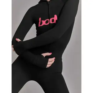 Women's New Letter Print Long Pants 2 Piecs Set, Fashion Hooded Zipper Long Sleeve Top + Slim Fit Long Pants Casual Suit, Daily Wear Lady Clothing for Spring & Fall Can be used with raincoat Cropped Jacket Womenswear Knit