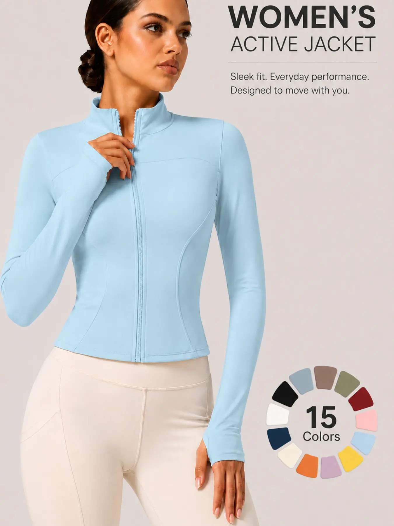 Women's Full Zip Sports Jacket, Slim Fit Long Sleeve Yoga Top, Thumb Hole Design, Lightweight Quick-Dry for Running, Fitness and Casual Wear, Thumbhole Jacket, Workout Jacket, Activewear
