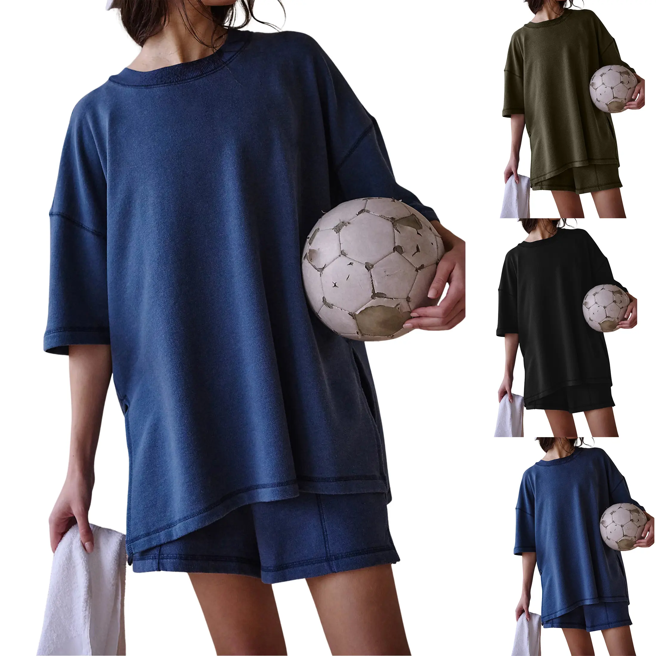 Mundoven Womens Pajama Sets 3/4 Sleeve Oversized Tops and Elastic Waist Shorts Lounge Sets Loungewear