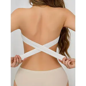 Wireless Boob Tube Top with Side Buckles, Sexy Strapless Nylon Knitted Fabric-Removable Padding, Cross Shoulder Strap Details, Solid Color Stretch Tube Top for Adults-Nylon 75%, Spandex 25%（gift） Bandeau Bra