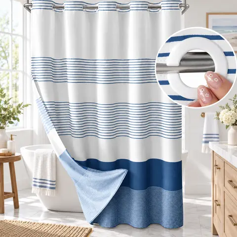Blue striped geometric double-layer hookless shower curtain with sheer top window, hook-free design, easy installation, suitable for farmhouse style, hotels, and modern home décor, 72 × 75 inches