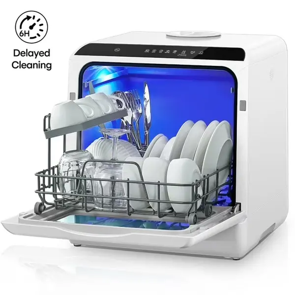 FOHERE Automatic Multifunction Countertop Dishwasher - 2-4 Person Kitchen Stainless Steel Appliance with 5L Tank, 6 Programs, 360° Dual Spray, High-Temp Cleaning, Air-Dry, Timer, Auto-Cleaning Portability, LED Light, Touchscreen, Quick Baby Care for Cups