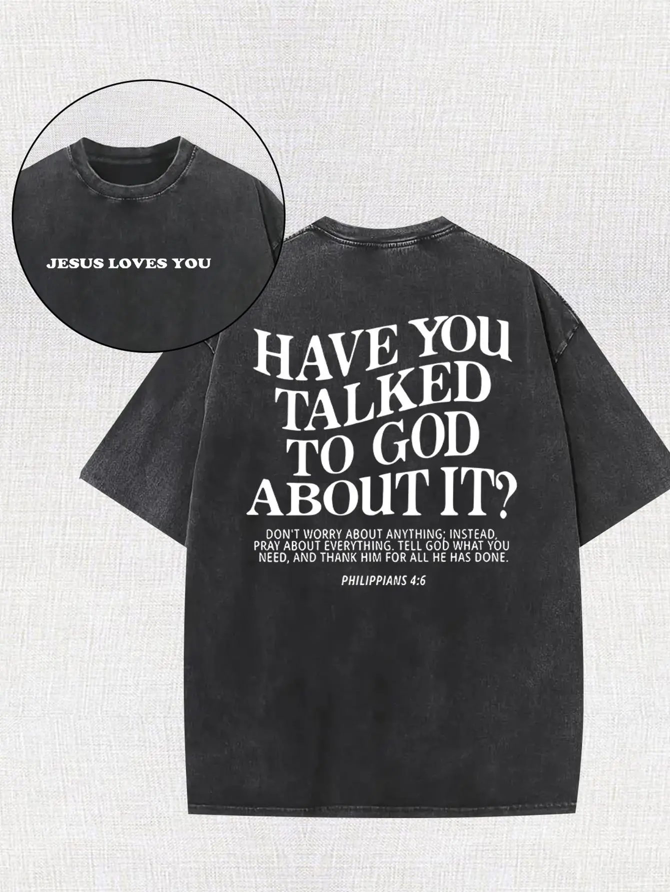 Men's 230g Heavyweight Cotton Vintage Double-Sided Christianity Graphic Tee - Grey, Loose Round Neck, Soft, Casual Streetwear, Easy Movement, All Seasons Men's Clothing, Short Sleeve Tops