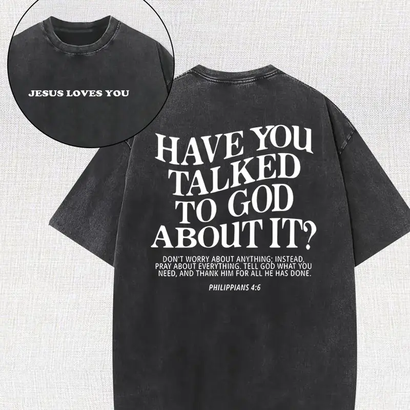 Men's 230g Heavy Classic Cotton Vintage Double-Sided Christianity Graphic Tshirt - Grey, Loose Crew Neck, Soft Fabric, Drop Shoulder, Casual Streetwear Layer, Short Sleeve, Figure-Flattering Christian Cargo-Inspired Top