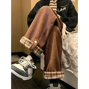 Women's Retro Plaid Corduroy Pants - High Waist, Loose Fit, Slim Design, Apricot and Black Plaid Pattern, Drawstring Waist, Spring and Autumn Casual Style, Cute Pants Womenswear Bottom