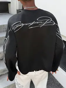 Men's Street-Style Bestselling Long Sleeve T-Shirt With Embroidered English Signature And 3D Embroidery Craft, Suitable For Outdoor Music Festivals, Daily Outings, Hangouts With Friends, Gifts For Boyfriend/Husband, Anniversary Gifts, Black