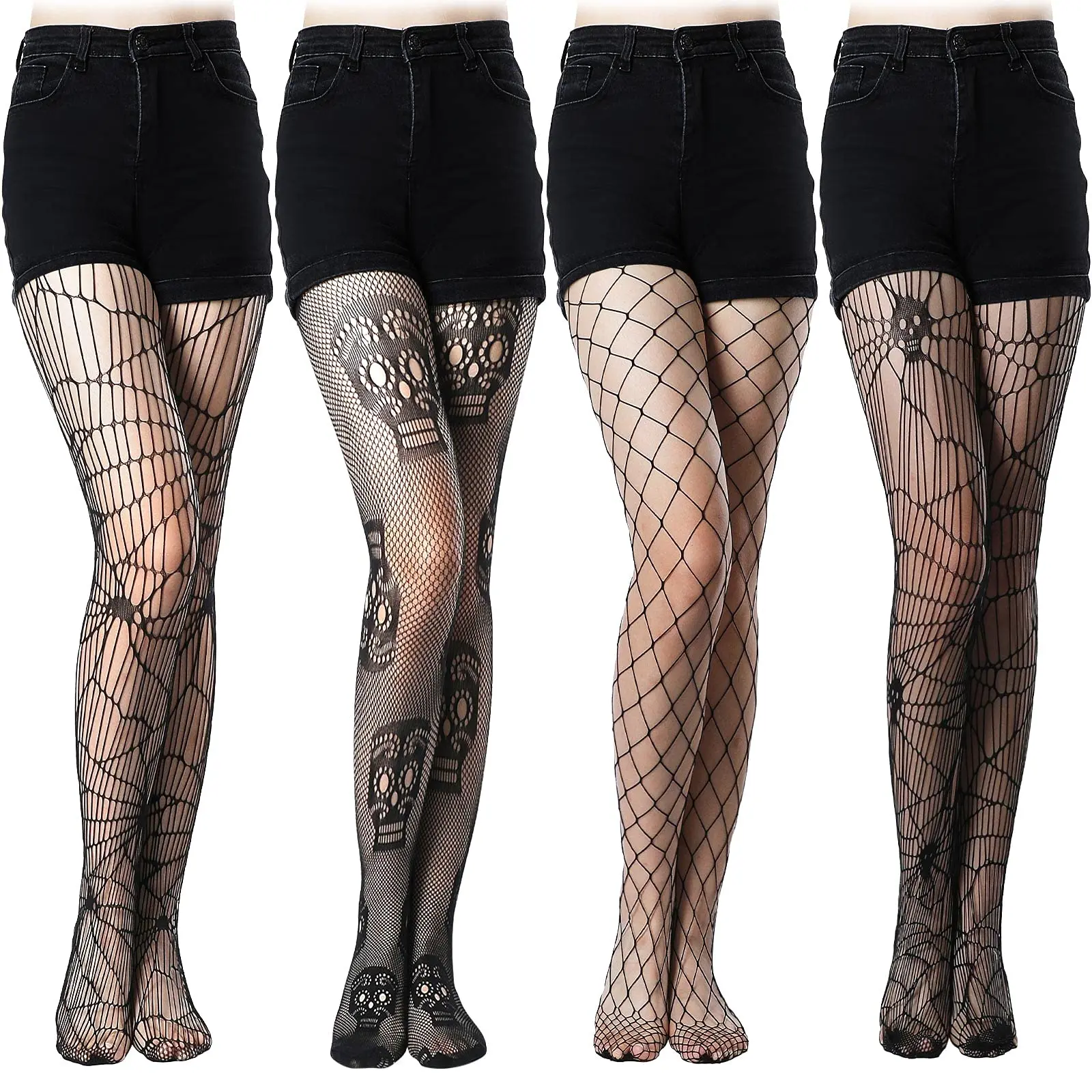4 count Halloween Spider Web Tights Goth Tights Skull Fishnet Stockings for Women