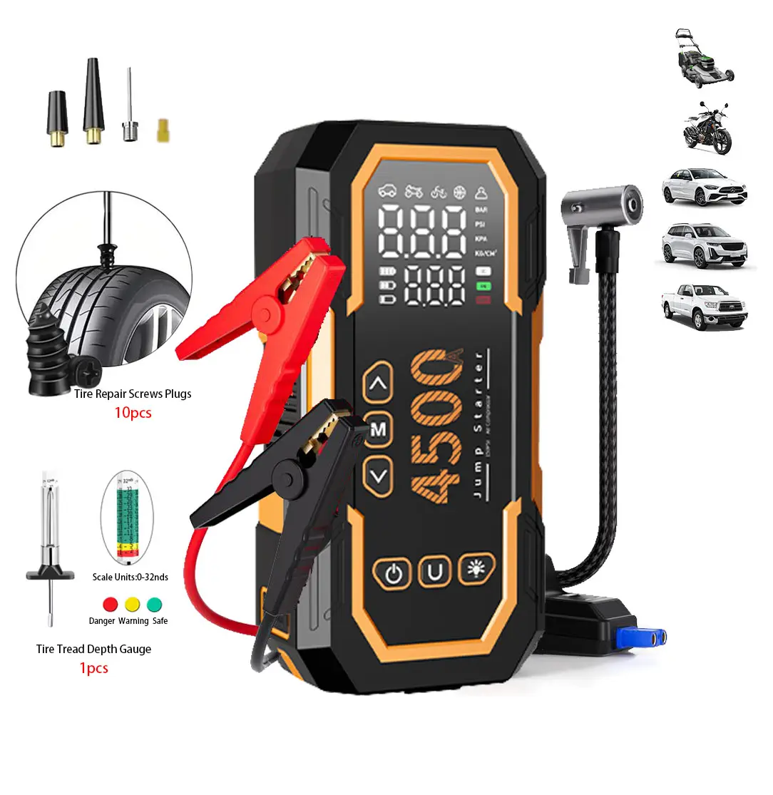 12V Car Battery Booster with Built-in Batteries & Cells, 15000mAh Jump Starter, 150PSI Air Compressor, 18W Fast Charging, Tire Repair Kit, LED Light, Jumper Cables, Air Hose, Storage Bag & 4-in-1 Cable, Batteries Built-In
