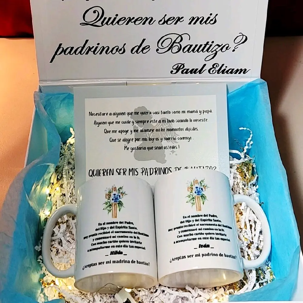 Personalized Baptism Godparents Proposal Gift Box with Two 11oz Mugs for Special Moments
