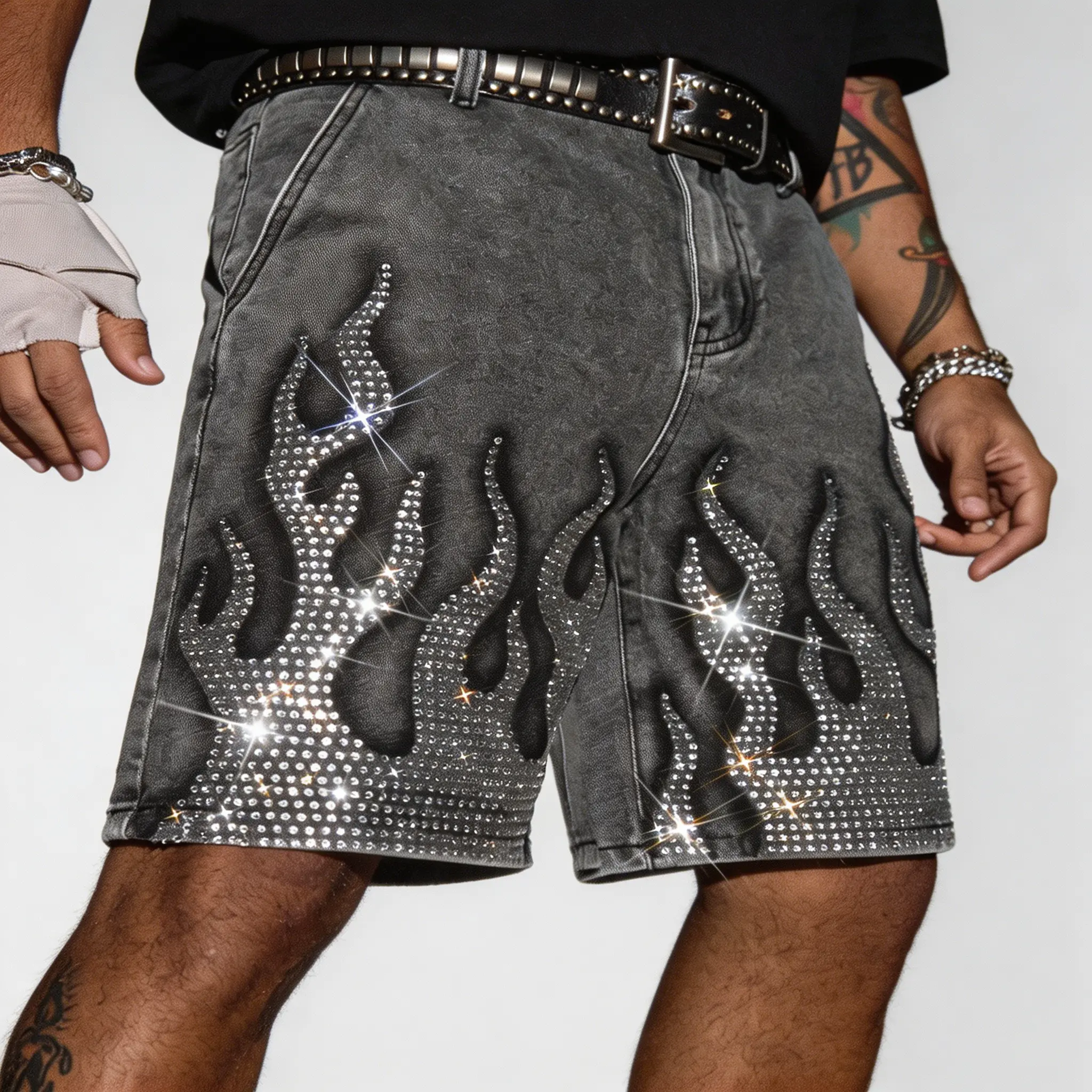 Grey Wash Symmetric Flame Rhinestone Denim Knee JortsY2K Motorcycle Street Sparkly Viral Daily Staple
