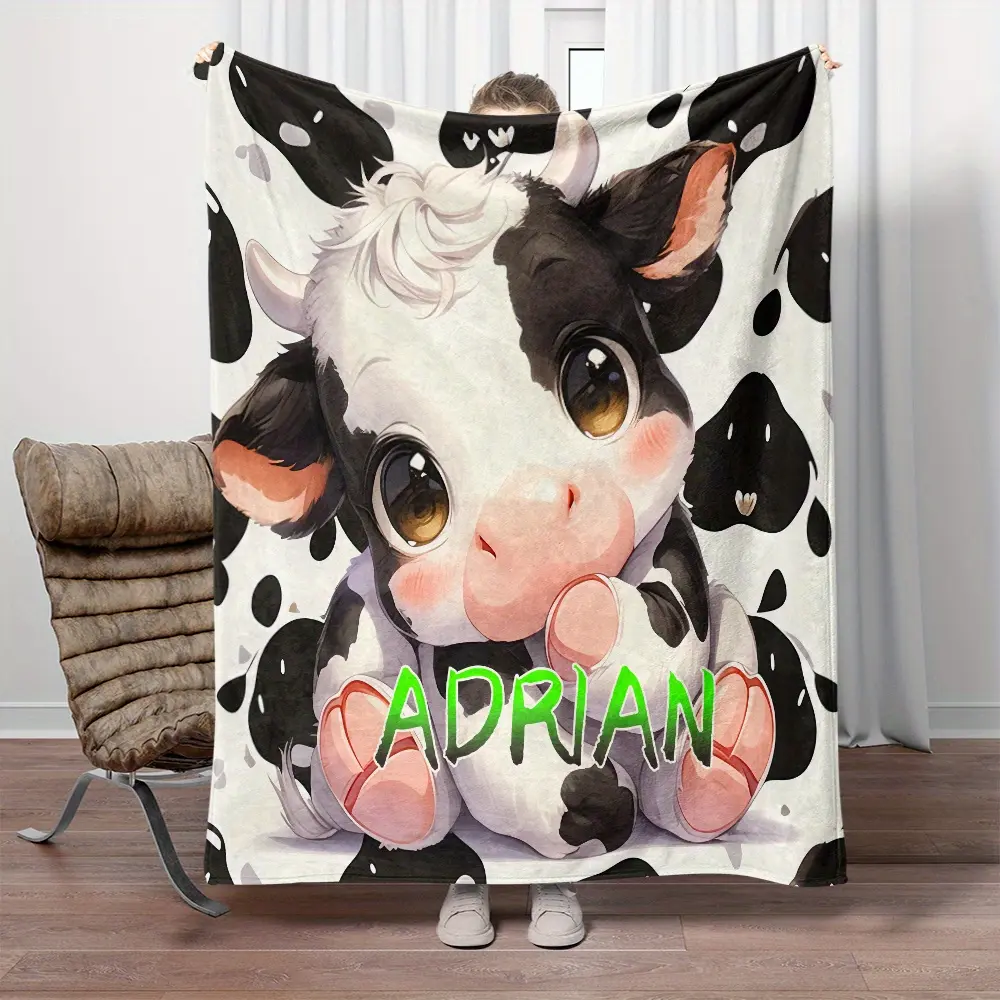 Custom Name Little Cow Polyester Knitted Throw Blanket - Personalized Soft Warm Lightweight Multi-Size All-Season, Polyester Fits Couch Bed Travel, Knit Texture, Available in 50x76cm(20x30in),80x120cm(32x48in),100x130cm(40x50in), Festive Home Gift