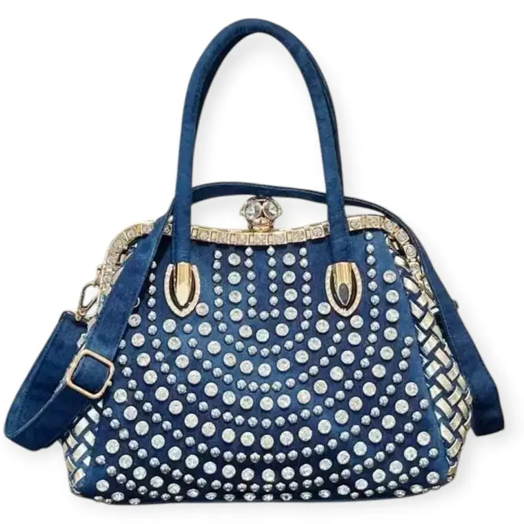 Denim Rhinestone Top Handle Glam Hand Bag Purse