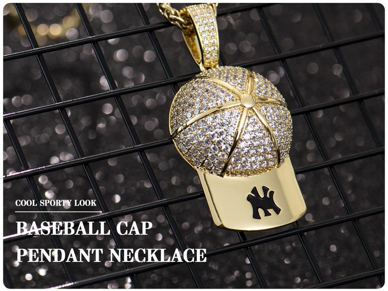 Holylegend 14K Real Gold-Plated Baseball Cap Pendant Necklace for Men and Women, Diamond-Cut Cubic Zirconia Charm, 24” Rolo Chain, Trendy Gold Plated Hip Hop Jewelry Gift