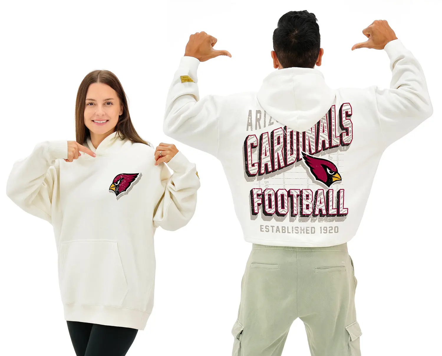 Zubaz NFL  UNISEX 90s Vintage First Down Drop Shoulder Hoodie- Off White, ARIZONA CARDINALS