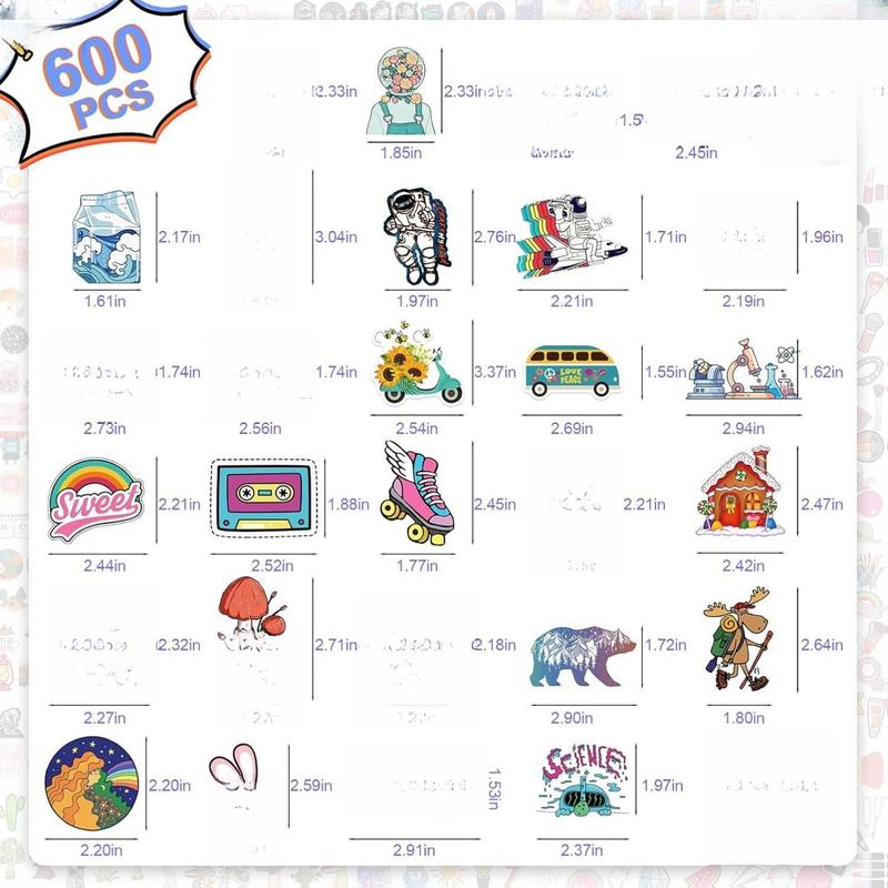 600 PCS Stickers Pack Cute Colorful Waterproof Vinyl Art Stickers for Water Bottles Skateboards Notebooks Laptops Teens Girls Kids Adults High-Quality PVC Adhesive Strong Non-Toxic Dishwasher Safe Decorative Stickers