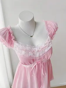 Lace Patchwork Bow Decor Sweet Solid Color Summer Blouse For Women