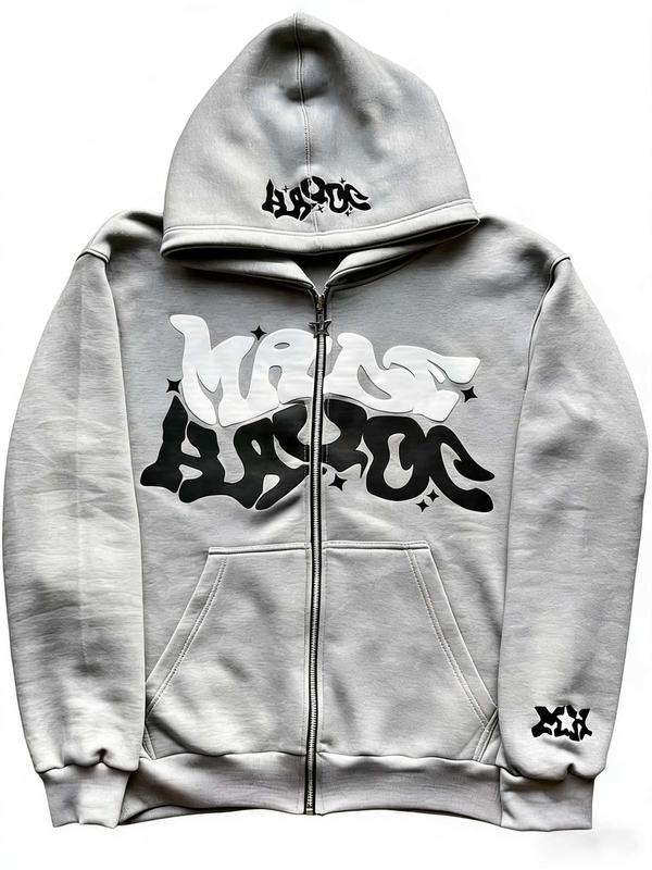 Men, women, versatile for daily use，Retro Star And Letter Printed Zipper Hoodies，Spring Autumn Harajuku Y2K Women And Men Fashion Hip Hop Long Sleeve Hooded  Avant-Garde - Street Casual    Spring/Fall    Loose    Zipper  Pocket  Patched