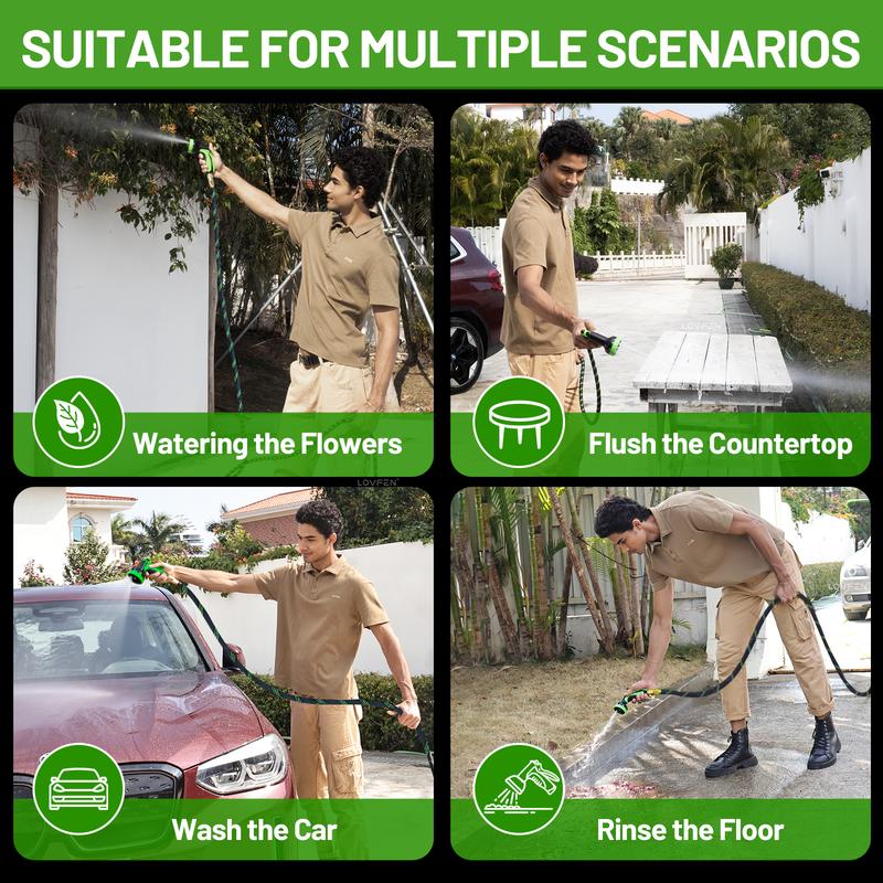 LOVFEN Garden Hose 100 Ft, Kink Free Flexible Water Hose With 10-Pattern Spray Nozzle, Lightweight Hose Pipe, Leak Proof, 3/4" Swivel Connectors, Super Fabric, Portable Storage Strap