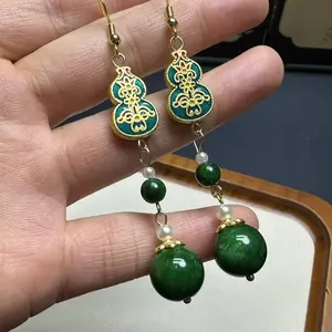 Natural Jade Earrings, Enameled Gourd, Fulu Shuangquan