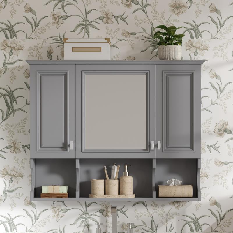 35'' x 28'' Wall Mounted Bathroom Medicine Cabinet, Modern Bathroom Wall Cabinet with Mirror,  Mirror Cabinet with Open Shelves