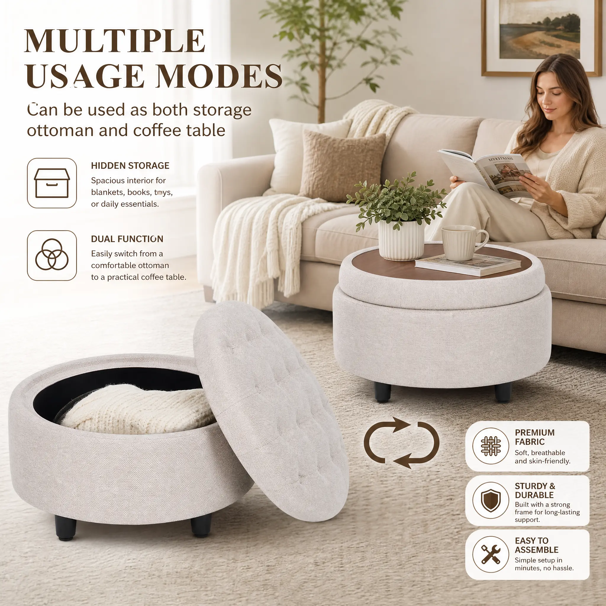 COLAMY 3-in-1 Fabric Round Storage Ottoman - Reversible Tray Lid, Multi-Functional Footrest, Hidden Storage, Sturdy Stylish Small Coffee Table for Living Room, Bedroom, Space Saving Furniture for College Dorm & Student Apartment