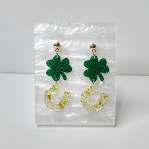 #519 Green Glitter Clover & Gold Glitter Horseshoe Gold Ball Stud Earrings, Casual, St. Patrick's Day, Irish, Luck, Acrylic