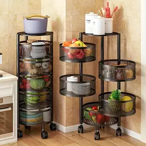 1-Piece 5-Tier Rotatable Round Metal Storage Rack - No Assembly Required, Polished Surface, Multi-Layer Kitchen and Bathroom Organizer, Fruit and Vegetable Basket, Kitchen Storage Solution, Fashionable Storage Box, Mesh Design