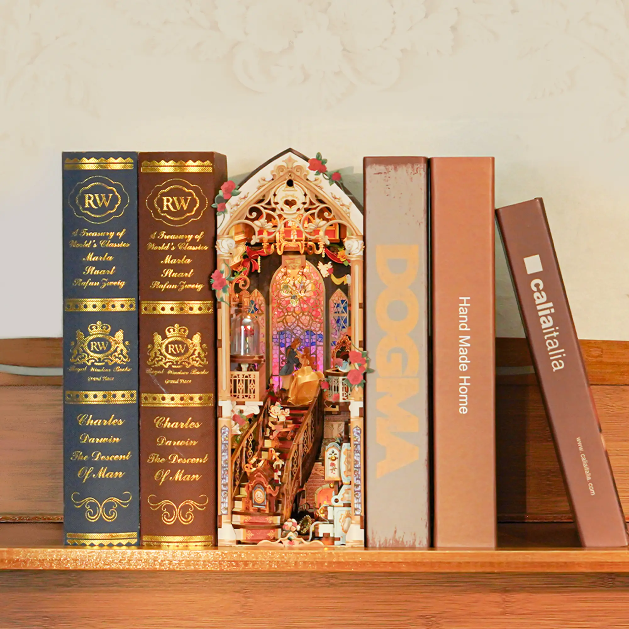 Tonecheer Adult Wood DIY 3D Wooden Puzzle Book Nook Kit - Miniature Furniture Bookend with Dust Cover, LED Lights, Creative Building Craft Supplies, Easy Bookshelf Decor, Whimsical Gift (Beast and Beauty) [3D Wood Puzzle Fun, LED Glow for Cozy Nook]