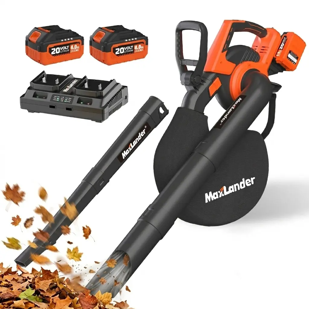 MAXLANDER 2-in-1 Cordless Leaf Vacuum/Blower, powered by a 40V battery, comes with two 4.0Ah batteries and a charger, brushless motor, 5-speed settings, and includes a leaf collection bag.