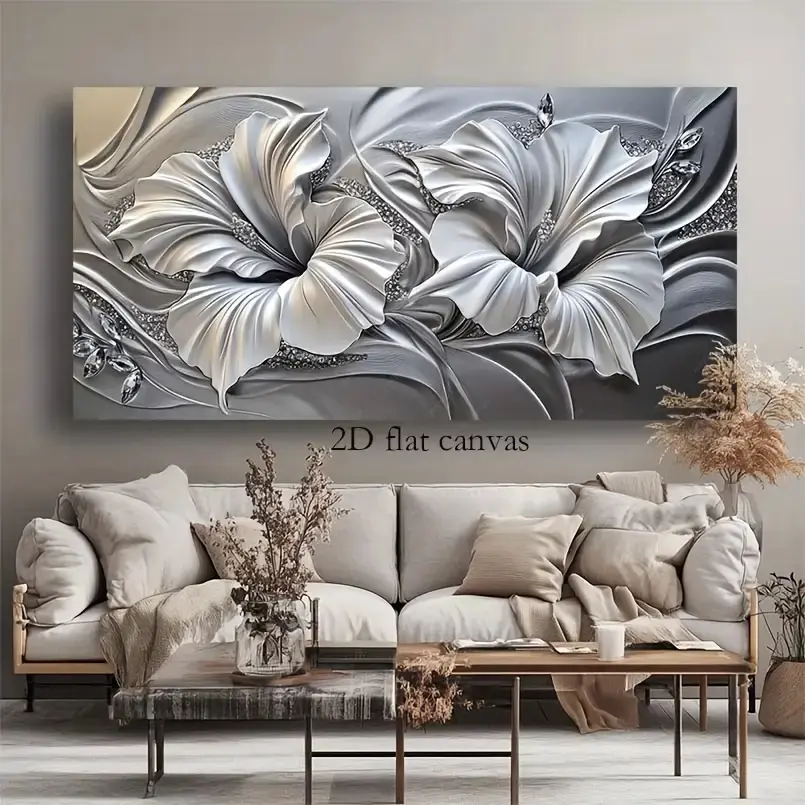 2D Flat-Framed Silver Floral Abstract Canvas Wall Art, High-Quality Boho Decor with Abstract Pattern Print & Floral Boho Print, Landscape Accent for Living Room, Bedroom Home Decor, Living Room Decor, Accent Wall