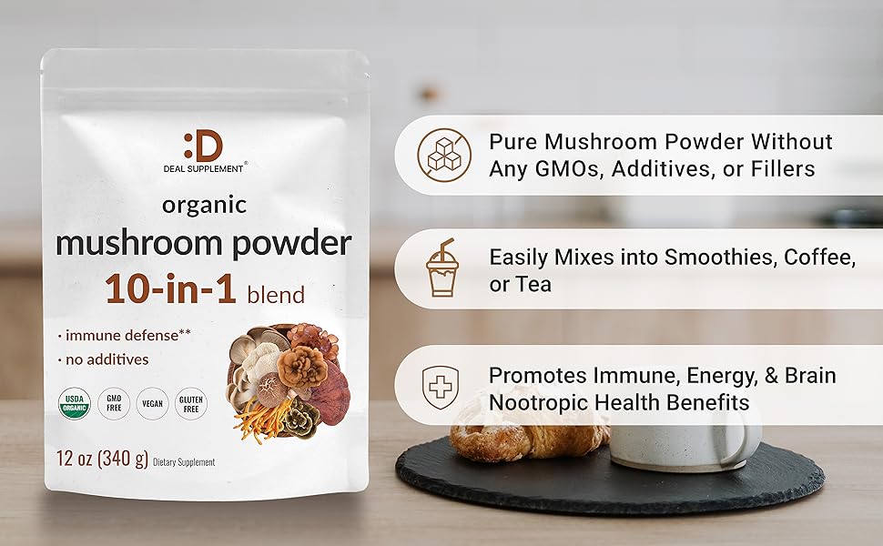 DEAL SUPPLEMENT Organic Lions Mane Mushroom Supplement Powder | Memory, Energy Boost, Immune, Clarity, Brain, Focus, Nerve Health