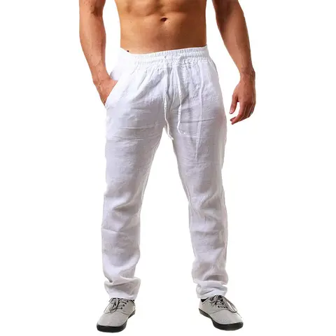 Runcati Men's  Cotton Pants Solid Color Long Lightweight Summer Pants Loose Fit Leisure Pants with Drawstring for Holiday Beach Everyday