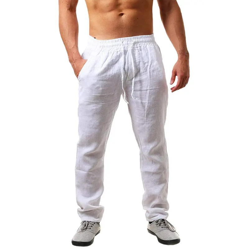 Runcati Men's  Cotton Pants Solid Color Long Lightweight Summer Pants Loose Fit Leisure Pants with Drawstring for Holiday Beach Everyday