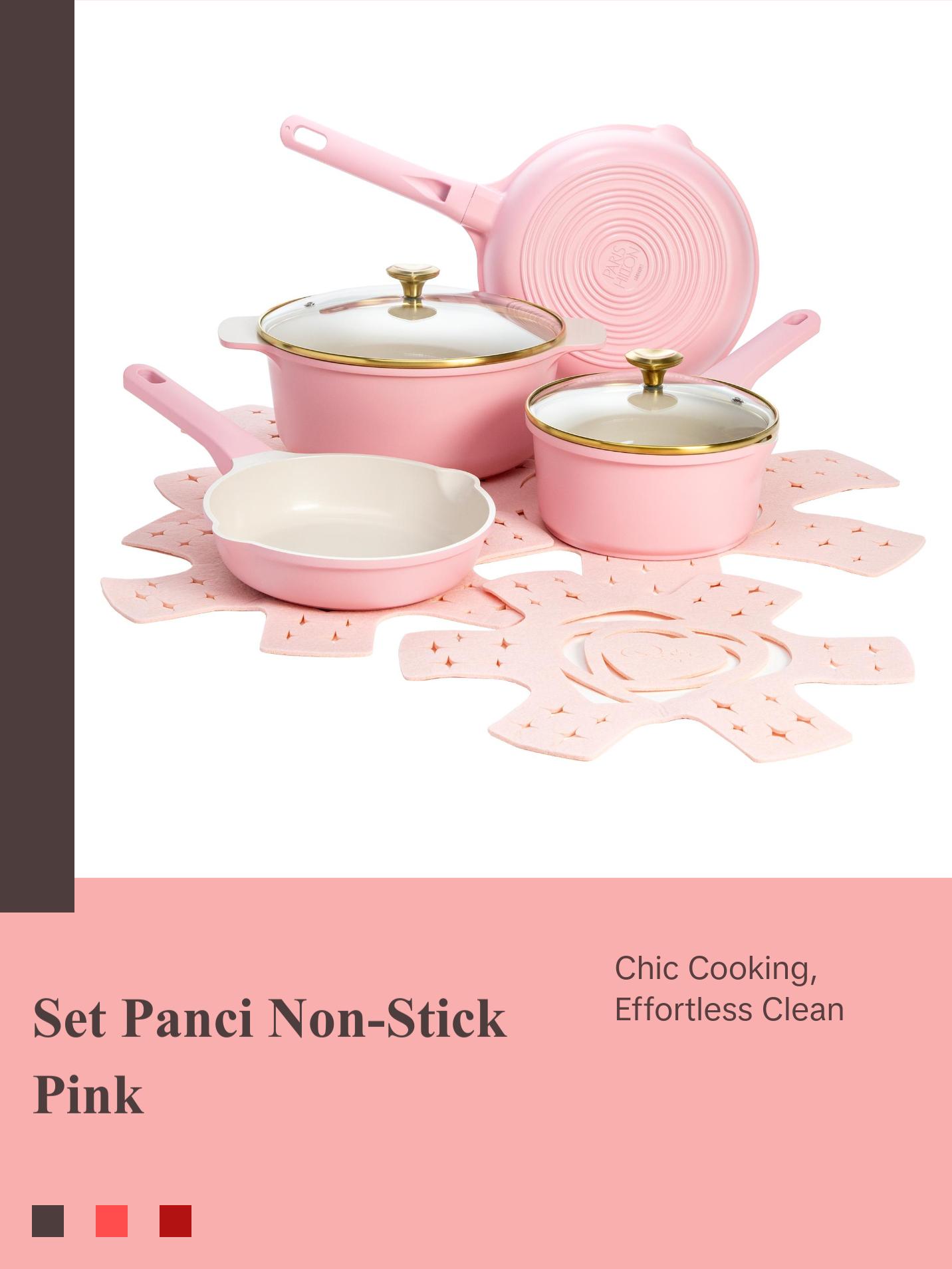 Paris Hilton Clean Ceramic™ Nonstick Cookware Set 10-Piece Cast Aluminum with Heart Knobs Soft Pink Finish Dishwasher Safe