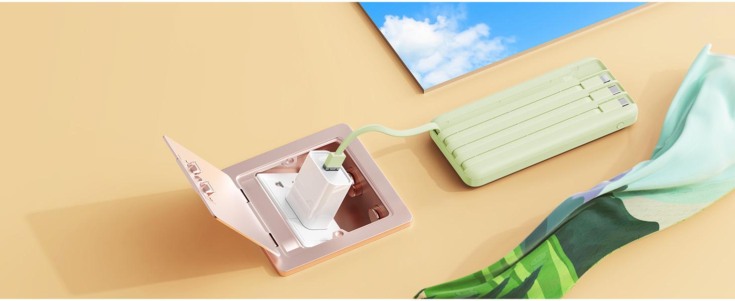 Charmast Ultra-Slim 10000mAh Portable Charger with Built-in Cables 6-Output & 3-Input Fast Charging External Battery Pack Power Bank for Smartphones Tablets USB-C Devices Travel Ready Airline Approved