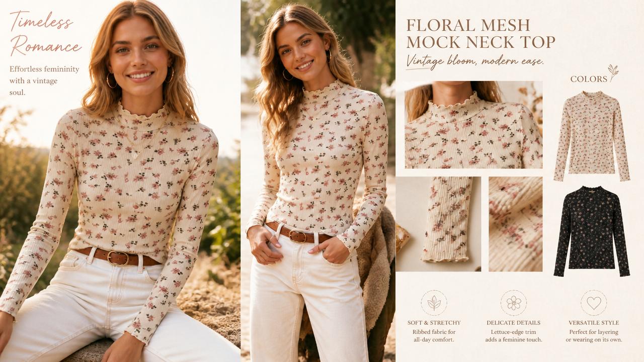 Design detail of Women's Floral Knit Long-Sleeve Shirt with long sleeves