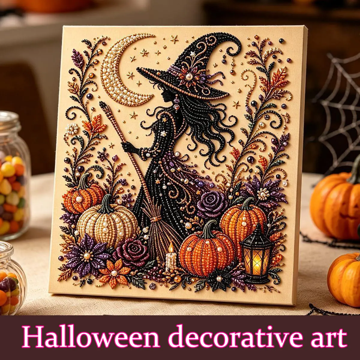 Diamond Art Kit for Beginners, DIY Halloween Witch on Moon Bead Painting, Sparkling Pearl-Style Craft Set for Fall Wall Decor, Halloween Decor, Diamond Art Kits, Colorful, Beads