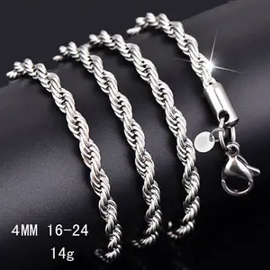 925 silver plated Rope Chain Lobster Clasp 4mm Silver Chain for Men Women Silver Necklace Chain 20/24/ Inches,Hypoallergenic & Tarnish-Resistant, Durable Hip Hop Jewelry for Daily Wear
