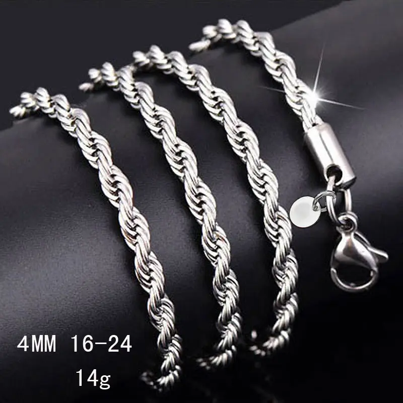 925 silver plated Rope Chain Lobster Clasp 4mm Silver Chain for Men Women Silver Necklace Chain 20/24/ Inches,Hypoallergenic & Tarnish-Resistant, Durable Hip Hop Jewelry for Daily Wearsummerwins