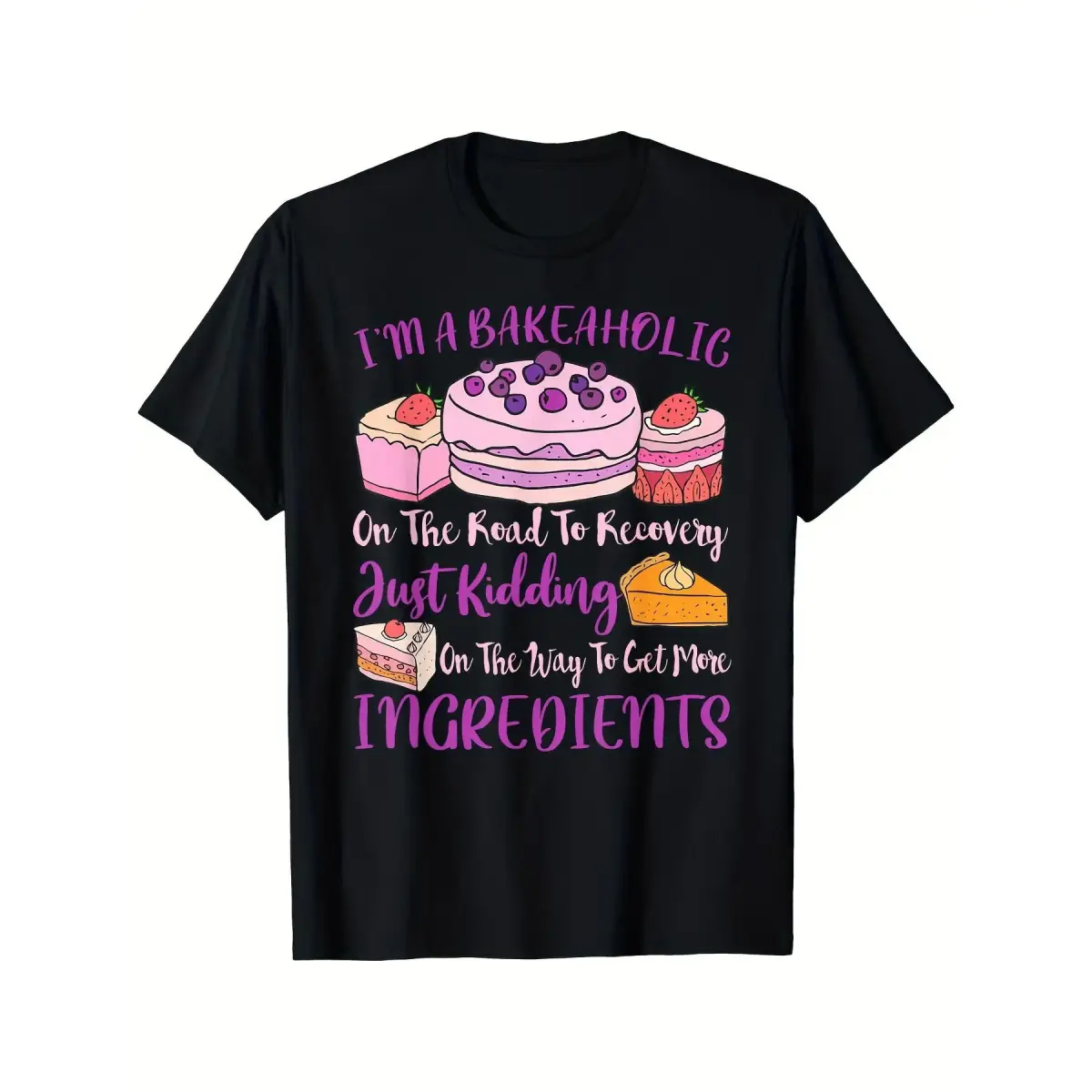 Funny 'Bakeaholic' Graphic Tee: Soft Crew Neck T-Shirt with Cake & Cupcake Print for Baking Lovers, Men & Women |       Black with Pink & Purple Lettering, Perfect Birthday Gift & Casual Party Apparel - Machine Washable