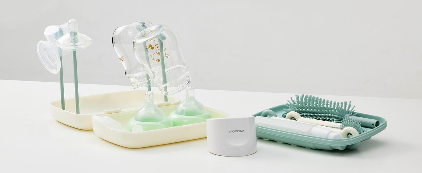 Momcozy Bottle Brush Kit, Innovative Push-Press Design for Better Cleaning - Baby Bottle Cleaner Brush for Baby Bottle, Breast Pumps, Nipples, and More - Can Generate Foam for Better Cleaning, Green