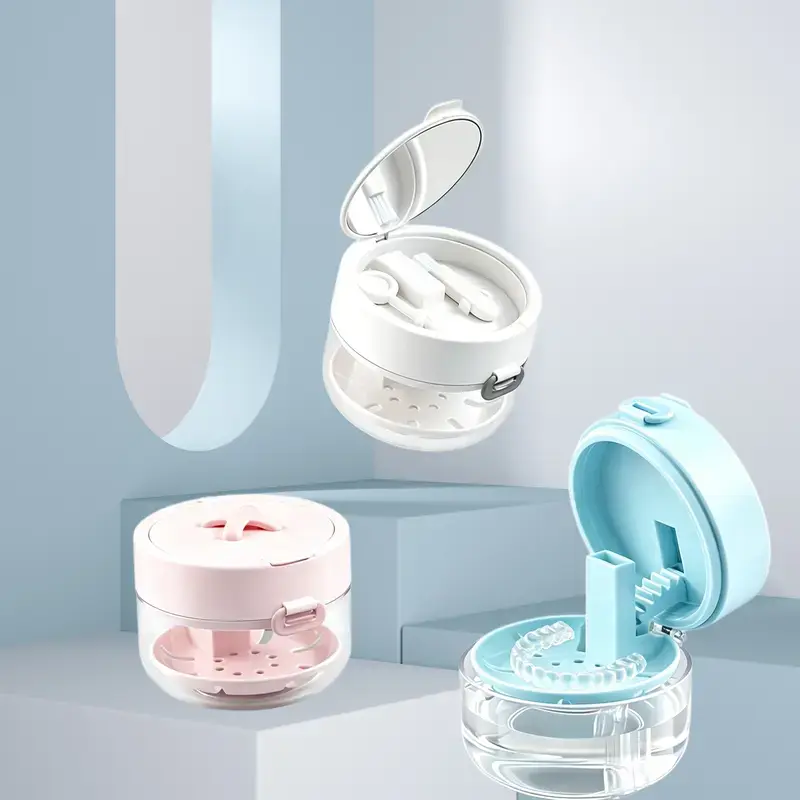 3-in-1 Bathroom Tumbler Retainer Case with Mirror, Cleaning Brush, Auto-Rising Aligner Bath & Strainer Basket for Travel & Daily Care