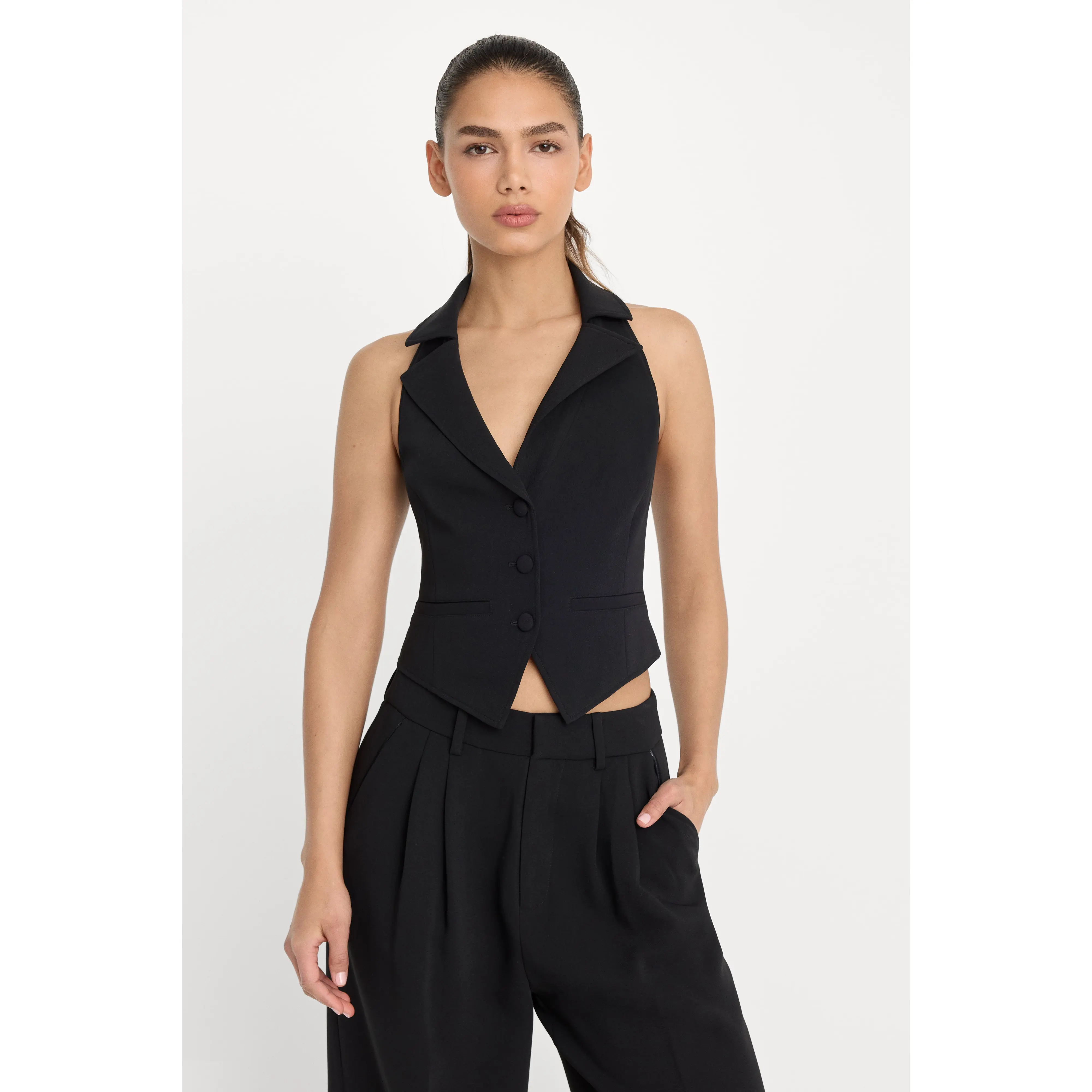 LUXE SUITING HALTER VEST | BLACK001