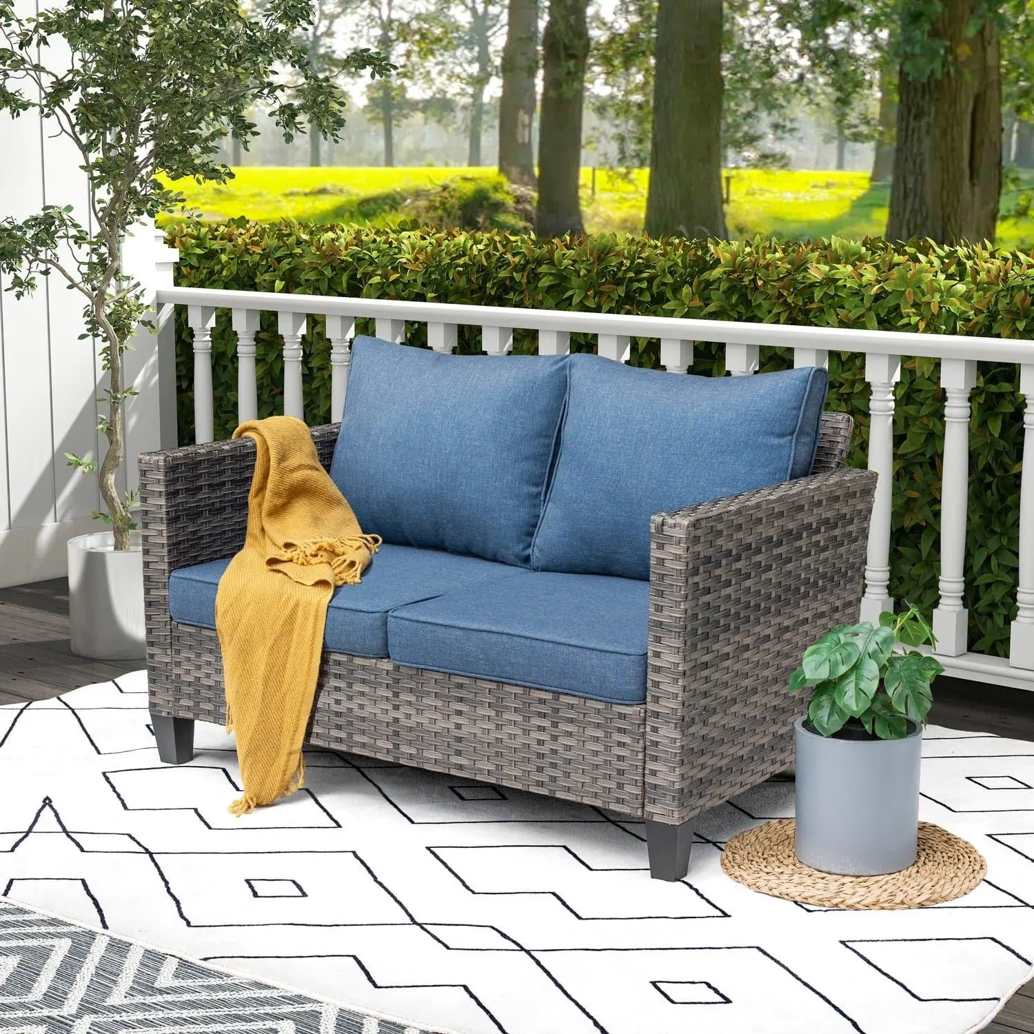 【Summerfinds】Ovios Patio Loveseat Outdoor 2-Seat & Wicker Sofa All-Weather High Back & PE Rattan Couch with Thick Cushions for Porch Balcony Garden