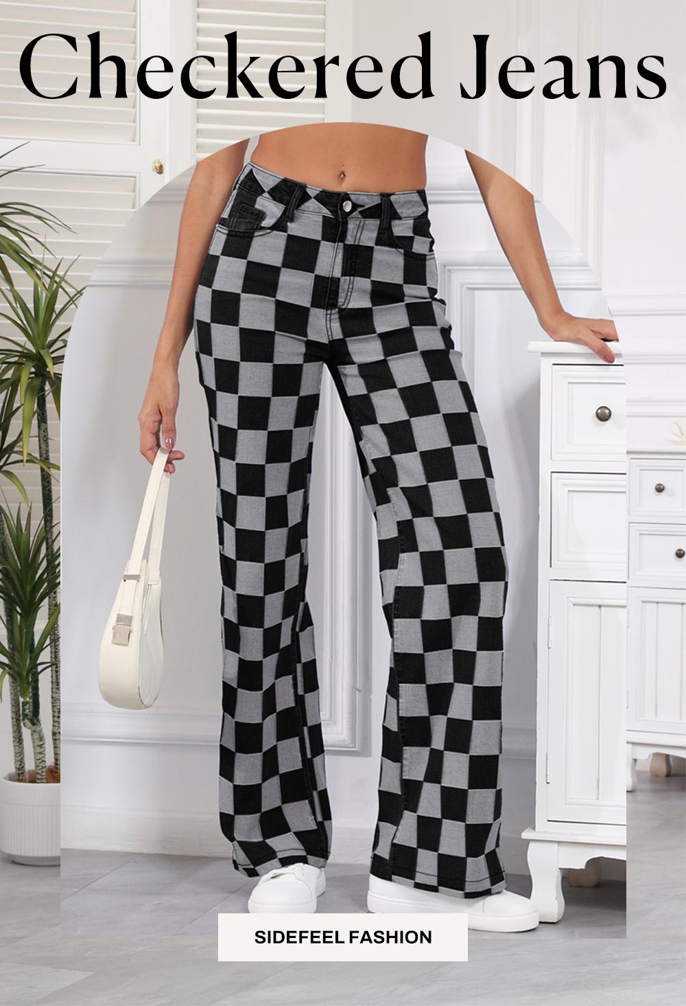 Sidefeel Women's Wide Leg Jeans High Waisted Stretchy Straight Leg Checkered Loose Denim Pants SpringStatements